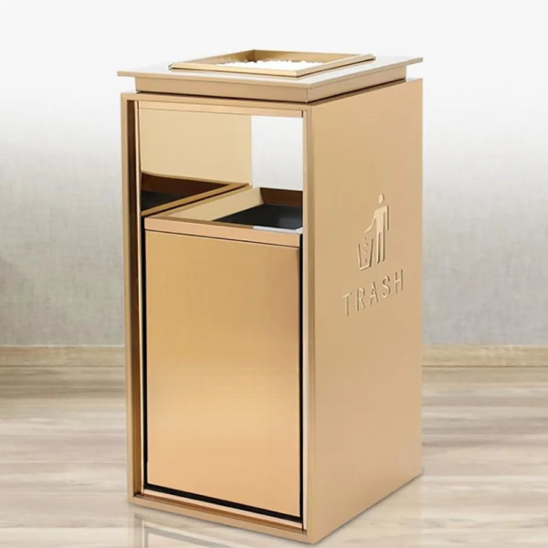 Vertical Trash Can At Elevator Entrance Of Hotel Lobby And Office Building
