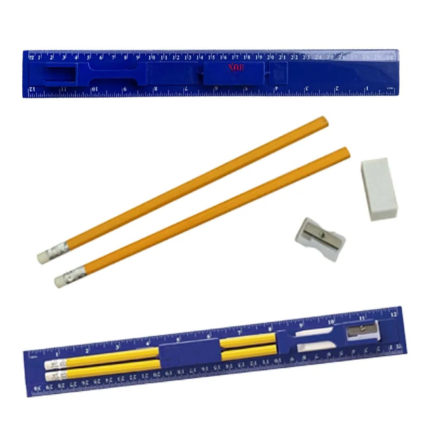 12.20 Inch Plastic Ruler Stationery Set W/Pencil. Eraser And Sharpener