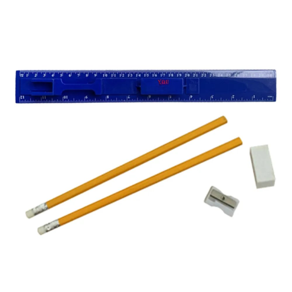 12.20 Inch Plastic Ruler Stationery Set W/Pencil. Eraser And Sharpener