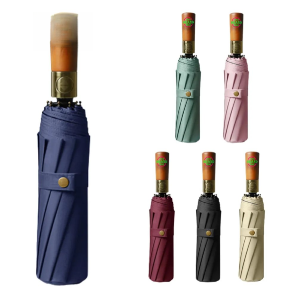 23-Inch Tri-Fold Automatic Umbrella With Original Wooden Handle
